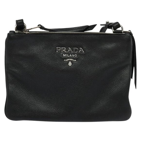 PRADA Shoulder Bag Leather Black Silver Auth - Picture 2 of 15